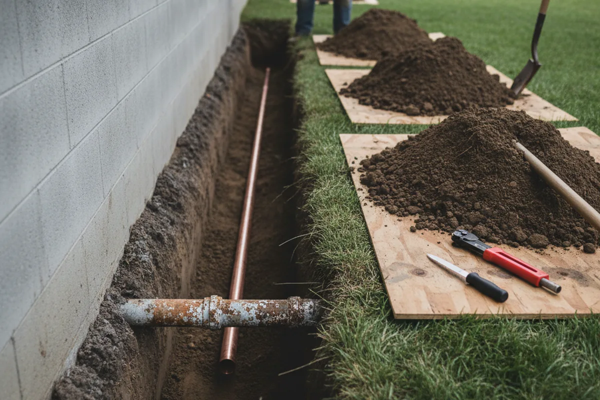 Excavated water line trench during Water Heater Repair in Echo